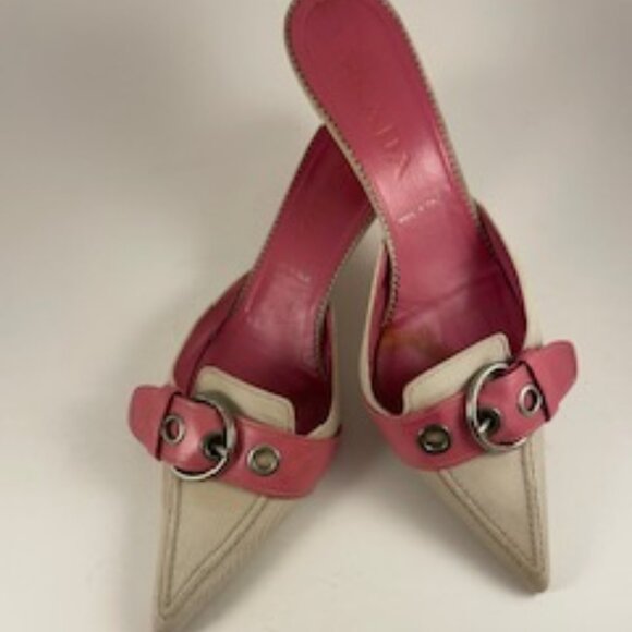 Prada Pink/Cream Fabric Mules with Leather Buckle, size 8, good condition. - Picture 2 of 5